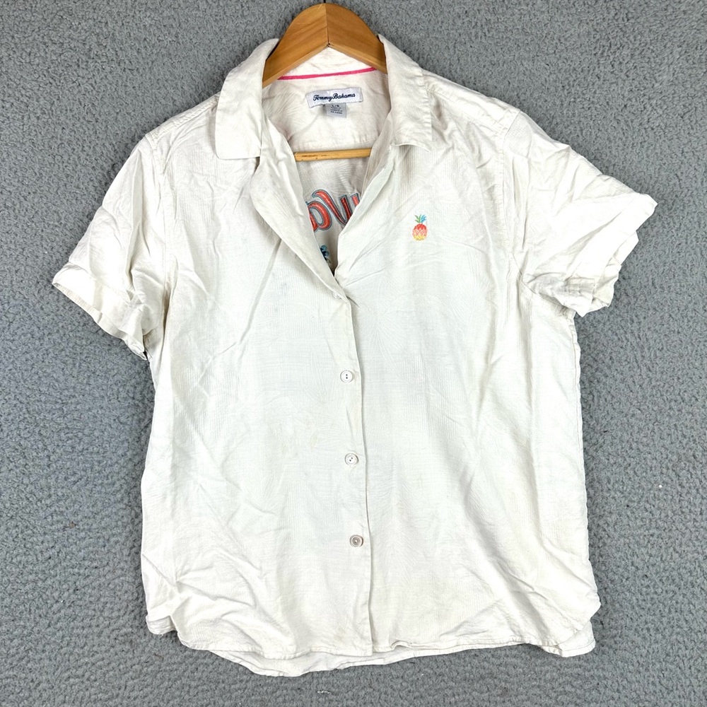 Tommy Bahama Women's L Hawaiian Hot Spots Embroidered Silk Camp Shirt Flaw - Picture 2 of 5